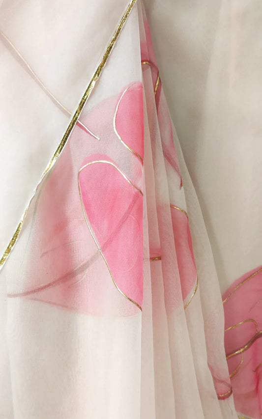 BELLIZAA PINK ANTHURIUM HANDPAINTED ORGANZA SAREE