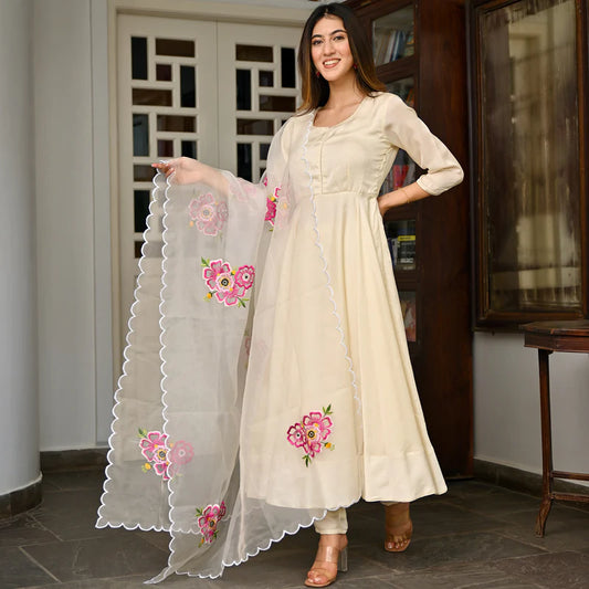 IVORY SILK EMBROIDERED ANARKALI SET