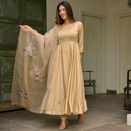 Featuring Beige Embroidered Anarkali Set