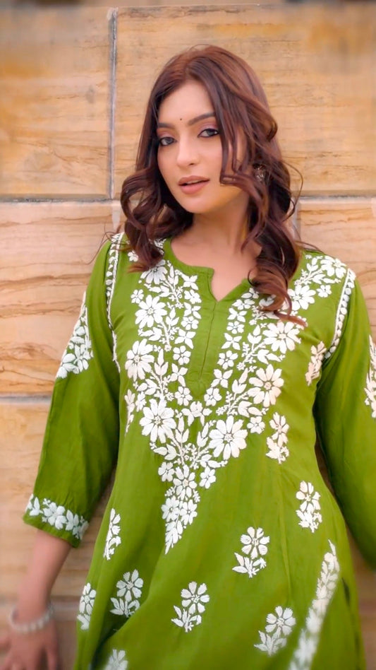 New LUCKNOW CHIKANKARI EXCLUSIVE KURTI_PENT PAIR DESIGN (Dark Green)