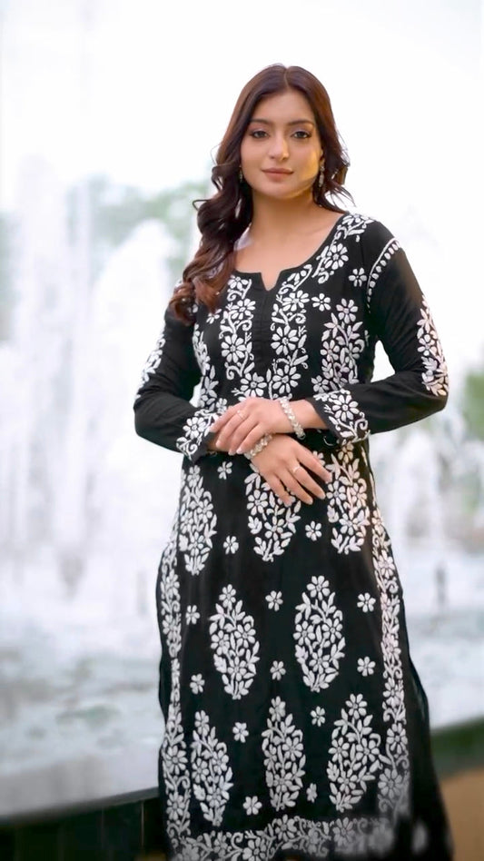 LUCKNOW CHIKANKARI EXCLUSIVE KURTI_PAIR PENT DESIGN (Black)