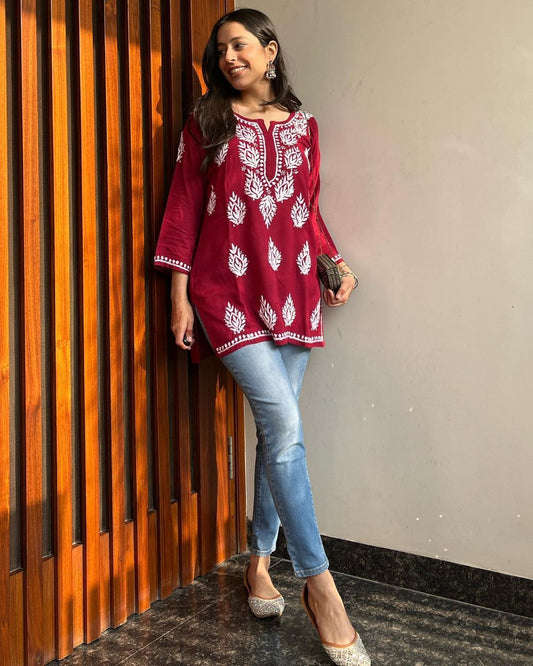 Women Chikan Embroidery Cotton Rayon A-line Kurta