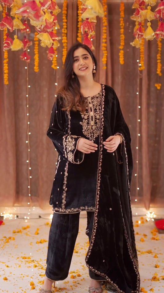 FOR THIS WINTER SEASON MAKE ADORABLE UR FUNCTION WEAR A VELVET EMBROIDERY WORK TOP WITH PANT AND DUPATTA