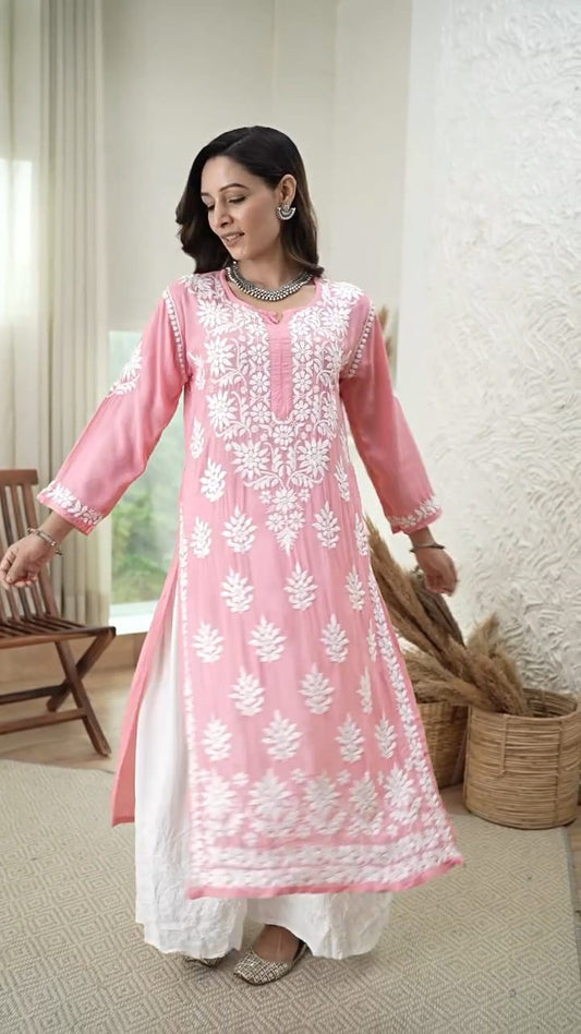 New Chikankari Exclusive Kurti_Pent Pair Design (Peach)