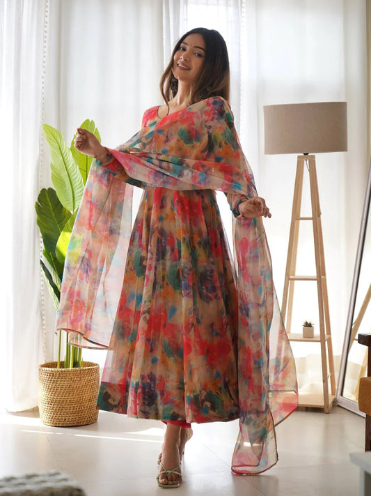 Digitally Printed Pure Soft Organza Anarkali Suit With Huge Flair Comes With Duppatta N Pant