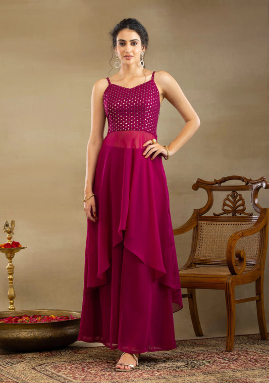 Sequins Embroidered Asymmetrical Wine Georgette Kurta Palazzo Set