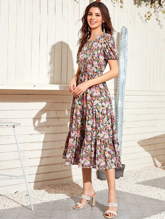 Allover Floral Print Flounce Hem A-line Dress