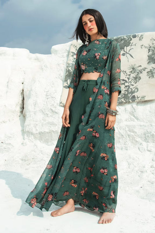 Green Cotton Silk Printed Jacket And Pant Set