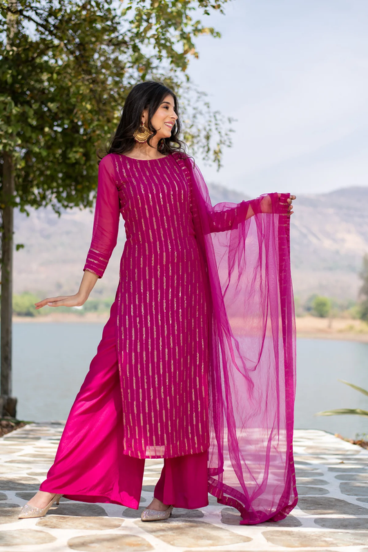 Rani Pink Heavy Kurta With Pallazo