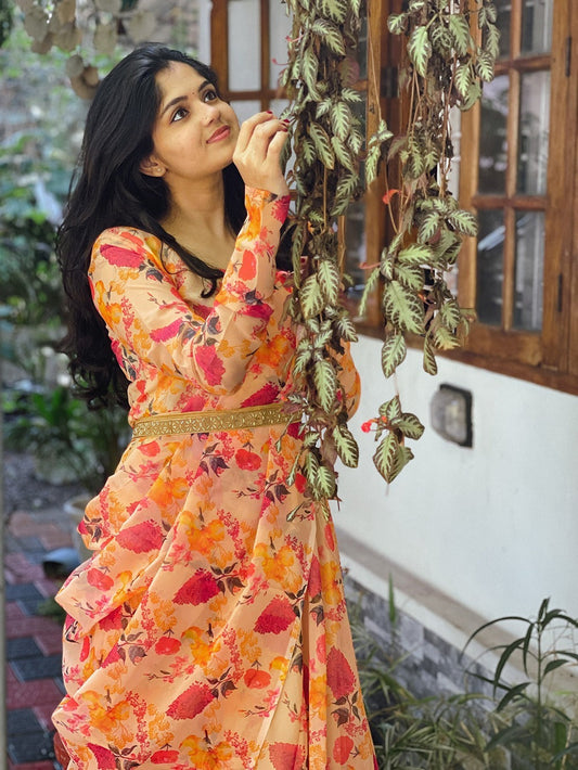 Gorgeous Orange Color organza Printed Work Gown