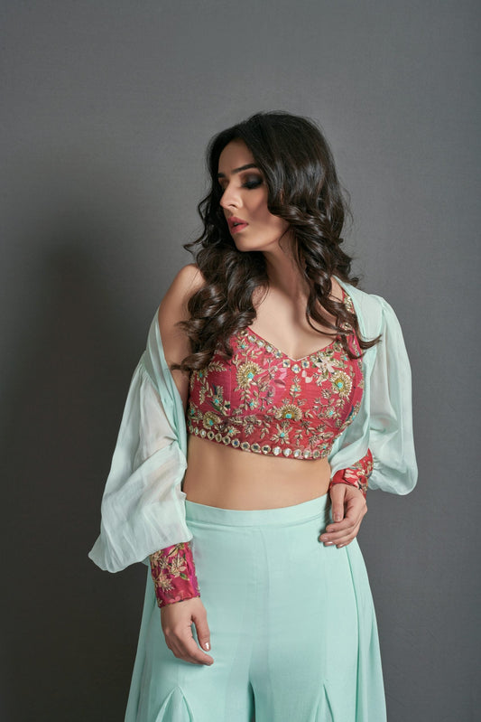 Crop Top With Palazzo And Shrug Set For Wedding