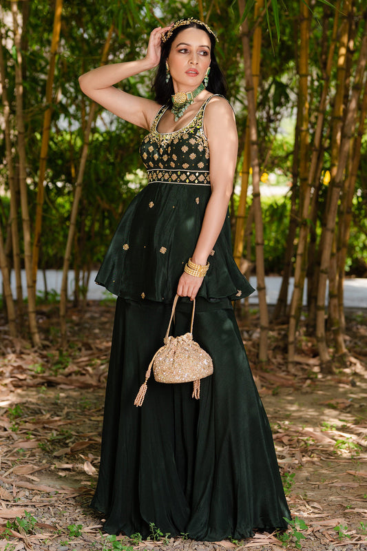 Green Shantoon Aaisha Embroidered Kurta Sharara Set