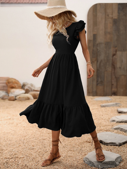 Butterfly Sleeve Ruffle Hem Black Colour Dress