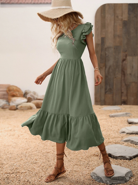 Butterfly Sleeve Ruffle Hem Army Green Colour Dress