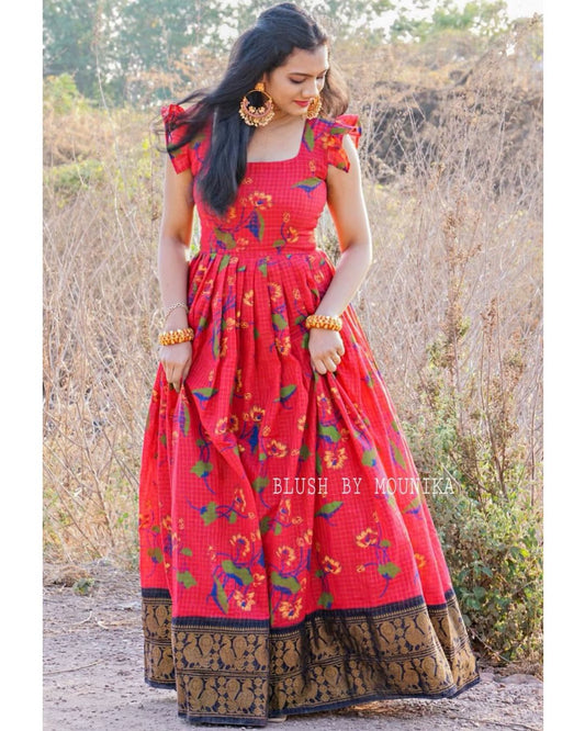 Handloom Chanderi Checks Maxi Dress with Zari border