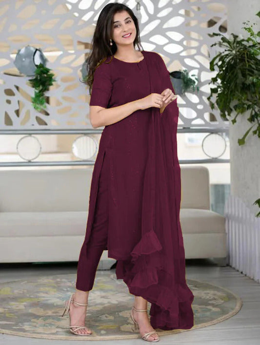 Wine Cotton Straight Pant Suits Stitched Suit