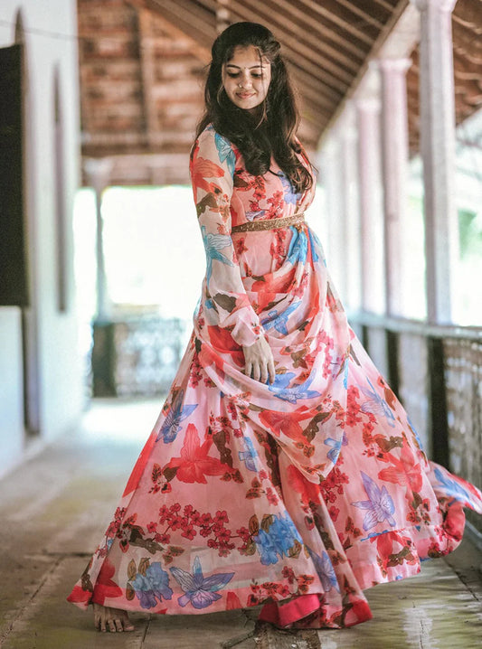 Fascinating Peach Floral Print Organza Ready-to-wear Party Gown