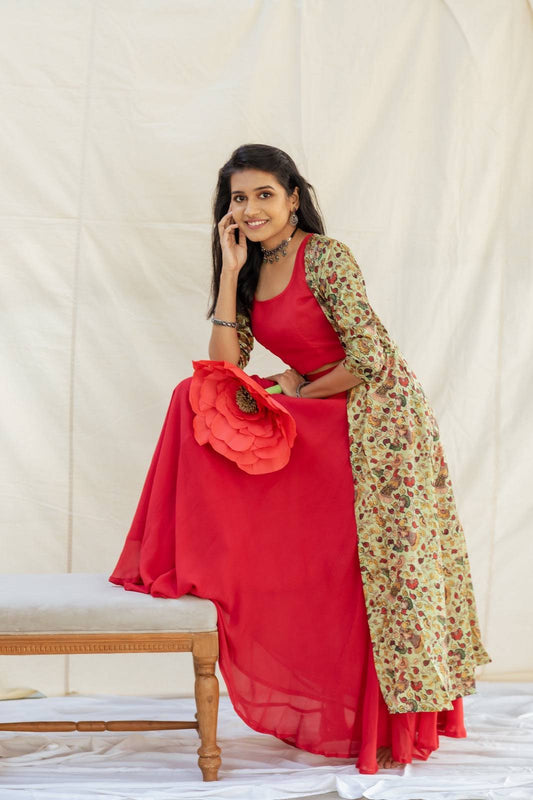 Bright Red Crop Top And Skirt With Green Kalamkari Silk Jacket - Set Of Three