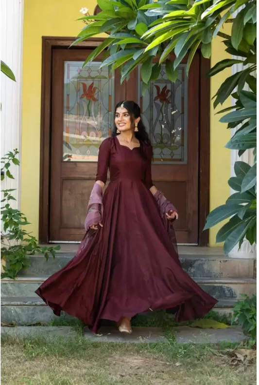 Tafetta Silk Anarkali Fit Maroon Gown with Dupatta For Women and Girls